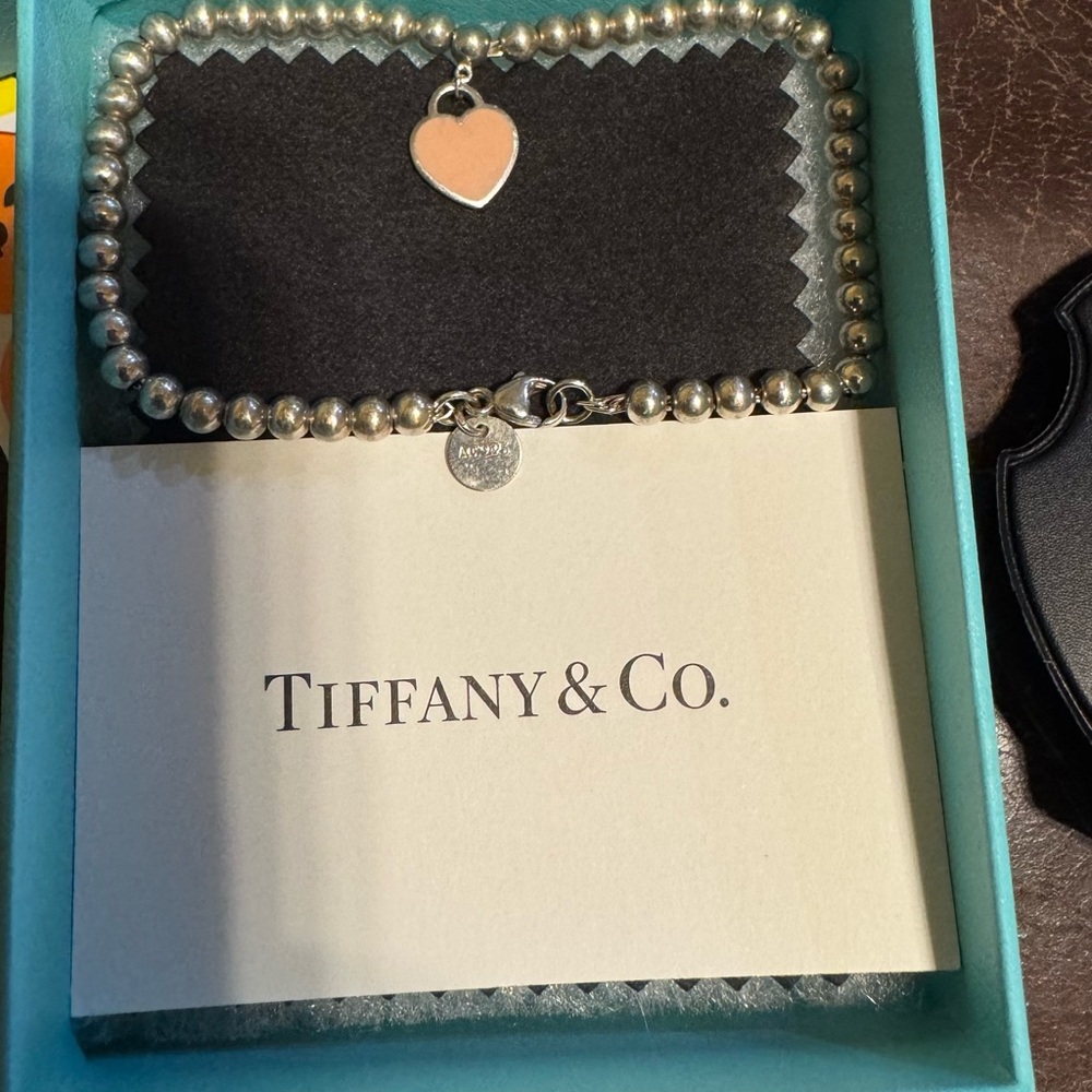 Tiffany & Co. Silver and Pink Beaded Heart Charm bracelet